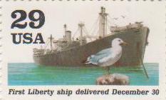 Марка поштова негашена. "First Liberty ship delivered. December 30. USA"
