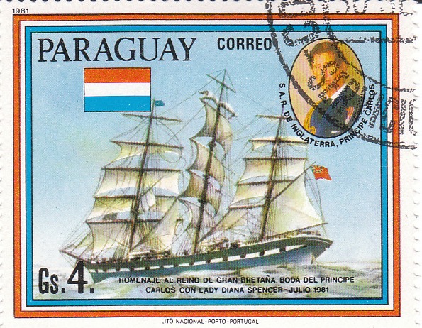 Марка поштова гашена. "Homenaje - al reino de Gran Bretana. Boda del principe Carlos con lady Diana Spenser - Julio 1981. Lito Nacional Porto - Portugal. Paraguay"