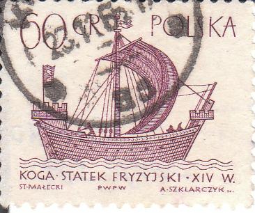  Марка поштова гашена. "Koga - statek Fryzyjski - XIV w. Polska"