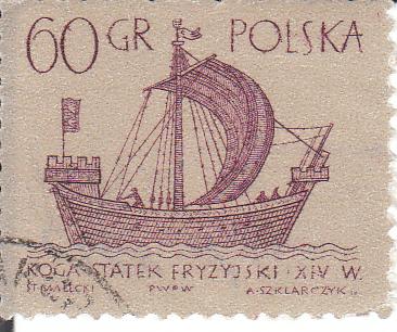 Марка поштова гашена. "Koga - statek Fryzyjski - XIV w. Polska"