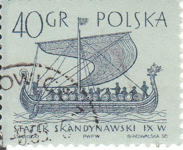 Марка поштова гашена. "Statek skandynawski IX w. Polska"