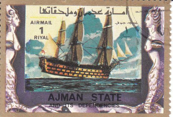 Марка поштова гашена. "Ajman state and its dependencies". "Old and modern ships". Емірат Аджман. Об'єднані Арабські Емірати