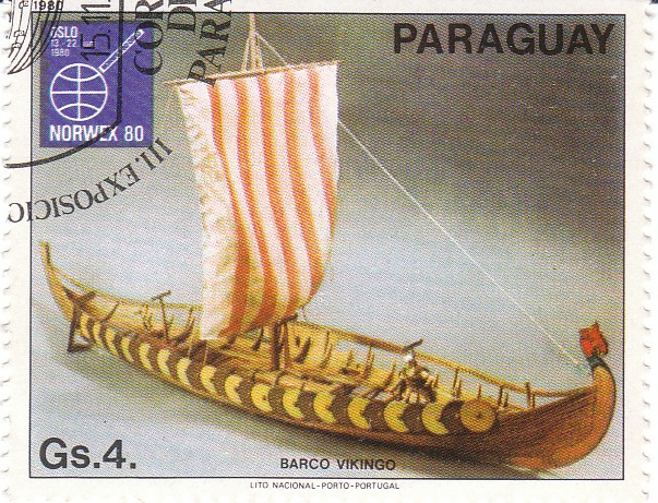 Марка поштова гашена. "Barco Vikingo. Lito Nacional Porto – Portugal. Paraguay". 1980