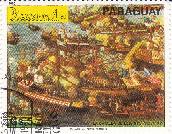 Марка поштова гашена. "La Batalla de Lepanto - Siglo XV. Lito Nacional Porto – Portugal. Paraguay". 1980 