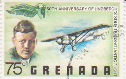 Марка поштова гашена. "Spirit of St. Louis". 50th anniversary of Lindbergh's solo transatlantic flight. Grenada"
