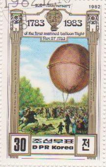 Марка поштова гашена. "M S le Duc de Chartres et Mr le Duc de Fice Jame. 200th Anniversary of The First Manned Balloon Flight. Nov 21 st. 1783. DPR Korea"