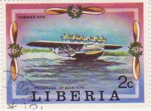 	 Марка поштова гашена. "Dornier Dо X". Progress of Aviation. Liberia"