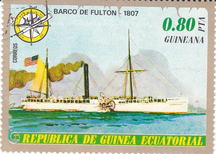  Марка поштова гашена. "Barco de Fulton" - 1807". Republika de Guinea Ecuatorial
