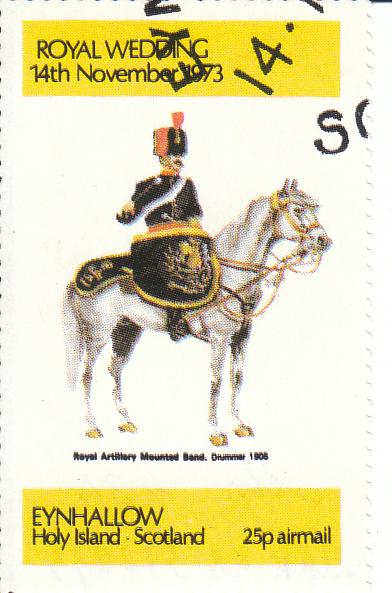 Марка поштова гашена "Royal Artillary Mounted band Drummer 1905. Eynhallow Holly Island - Scotland / Барабанщик Королівського артилерійського оркестру 1905 р. Ейнхаллоу - Святий острів. Шотландія" 