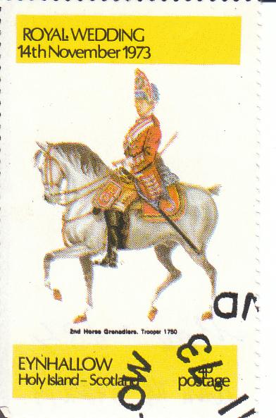 Марка поштова гашена "2nd Horse Grenadiers. Trooper 1750. Eynhallow royal wedding Island - Scotland / Кінний гренадер. Солдат. 1750. Ейнхаллоу - Святий острів. Шотландія"