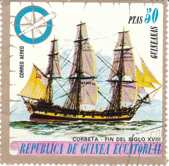 Марка поштова гашена. "Corbeta - fin del siglo XVIII". Republika de Guinea Ecuatorial