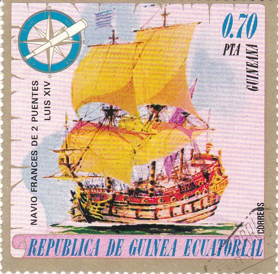 Марка поштова гашена. "Navio Frances de 2 Puentes Luis XIV". Republika de Guinea Ecuatorial