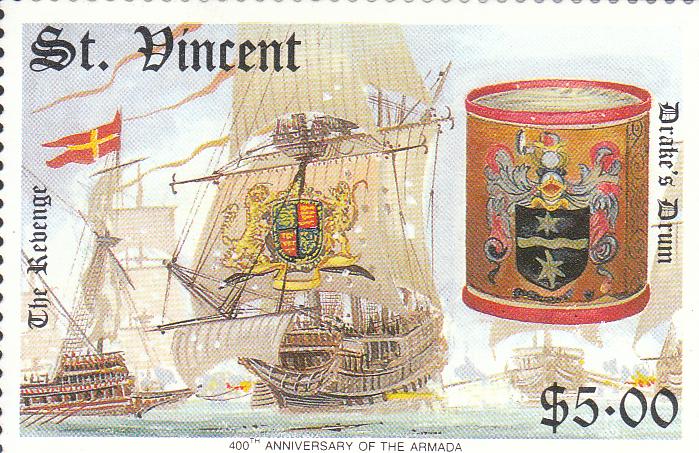  Марка поштова негашена "The Revenge. Drake᾽s Drum. St. Vinsent. 400th Anniversary of the Armada"