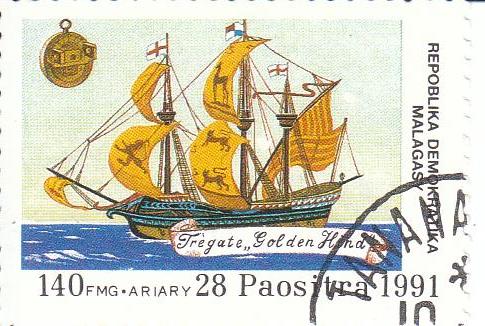 Марка поштова гашена. "Fregate "Golden Hind". Repoblika Demokratika Malagasy". 1991
