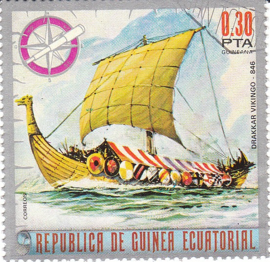 Марка поштова гашена. "Drakkar Vikingo. Republika de Guinea Ecuatorial"