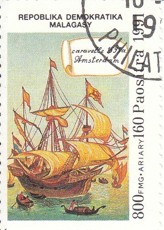 Марка поштова, гашена "Caravelle 1595 a. Amsterdam. Repoblika Demokratika Malagasy"
