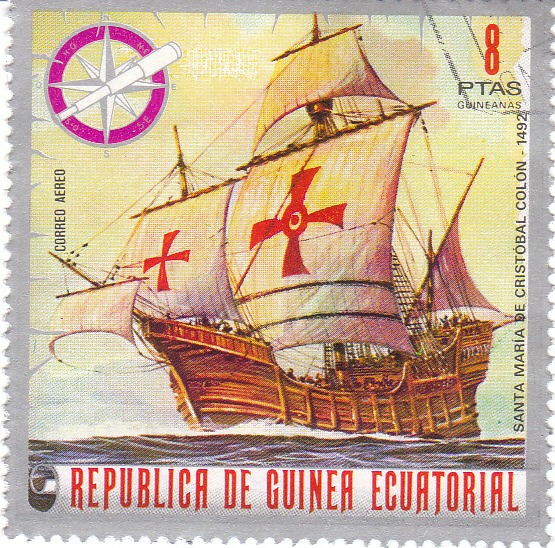 Марка поштова гашена. "Santa Maria de Cristobal Colon - 1492. Republika de Guinea Ecuatorial"