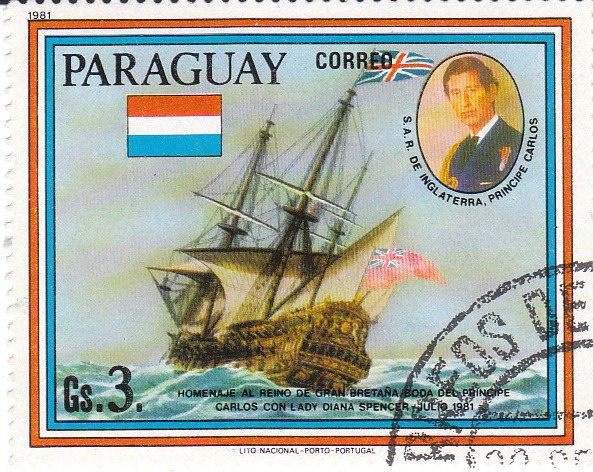 Марка поштова гашена. "Homenaje - al reino de Gran Bretana. Boda del principe Carlos con lady Diana Spenser - Julio 1981. Lito Nacional Porto - Portugal. Paraguay"