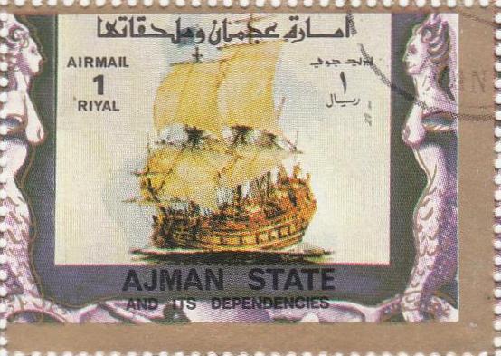 Марка поштова гашена. "Ajman state and its dependencies". Блок: "Old and modern ships"