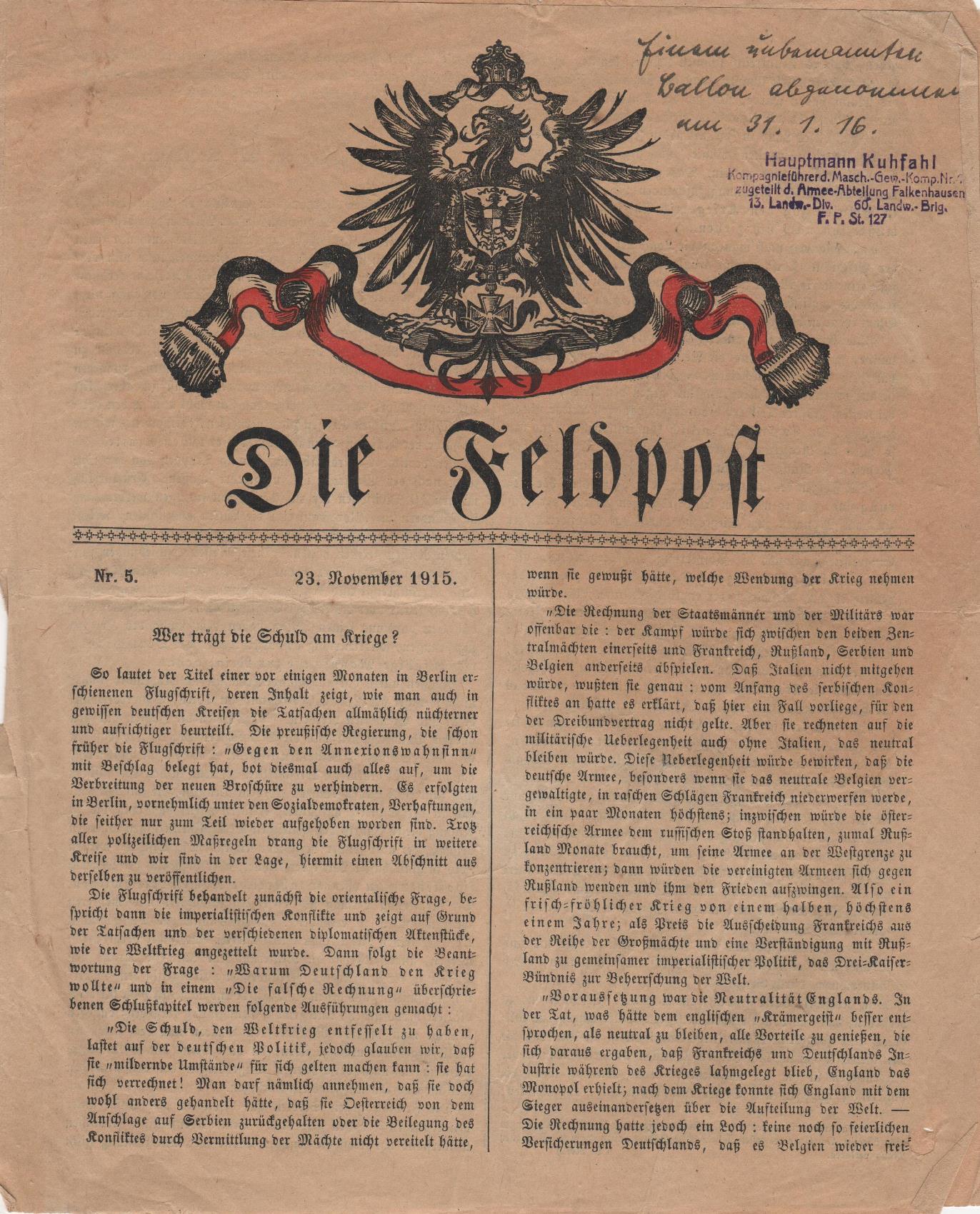 Газета "Die Feldpost" № № 5 від 23 листопада 1915 року