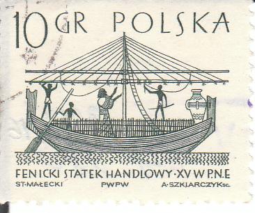 Марка поштова гашена. "Fenicki - statek handlowy - XV w. P. N. E. Polska"