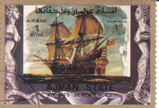 Марка поштова, гашена. "Ajman state and its dependencies". "Old and modern ships". Емірат Аджман. Об'єднані Арабські Емірати