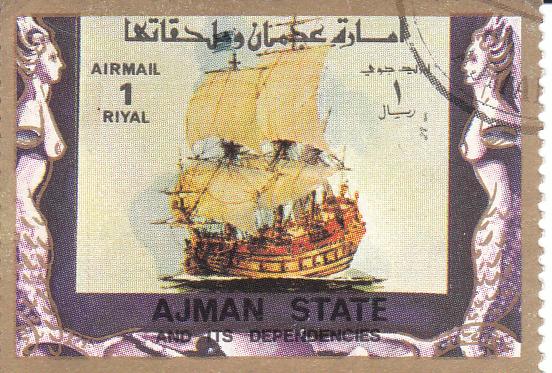 Марка поштова гашена. "Ajman state and its dependencies". "Old and modern ships". Емірат Аджман. Об'єднані Арабські Емірати