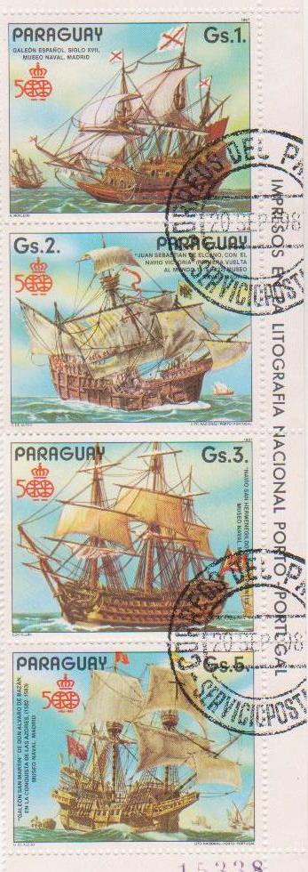 Частина блоку марок поштових гашених. "500th ann. of the discovery of America: Sailing ships". "Impresos en la litografia Nacional Porto – Portugal. Paraguay"