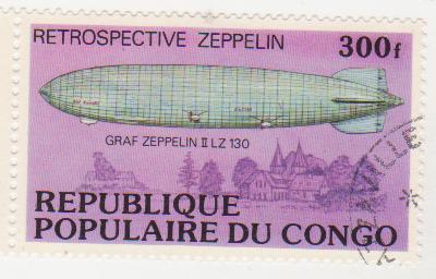 Марка поштова гашена. "Retrospeсtive Zeppelin". "Graf Zeppelin II LZ 130". Republique populaire du Congo"