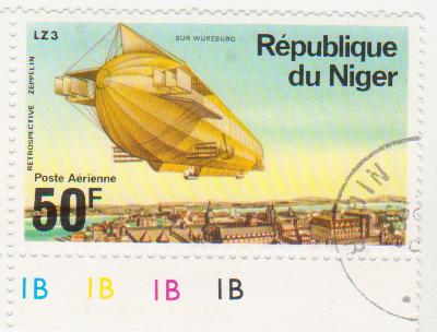  Марка поштова гашена. "Retrospeсtive Zeppelin". LZ 3 "Sur Würzburg". Republique du Niger"