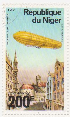 Марка поштова гашена. "Retrospeсtive Zeppelin". LZ 2 "Sur Rothenburg". Republique du Niger"