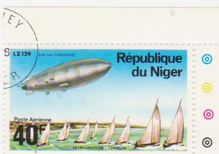 Марка поштова гашена. "Retrospeсtive Zeppelin". LZ 129 "Sur Lac Constance". Republique du Niger"