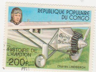  Марка поштова гашена. "Spirit of St. Louis". Charles Lindbergh. Histoire de L'aviation. Republique populaire du Congo"