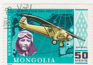  Марка поштова гашена. "Spirit of St. Louis". Сh. Lindbergh New-York - Paris. 20-21. 5. 1927. Mongolia"
