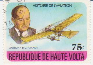 Марка поштова гашена. "Antony H. G. Fokker.  Histoire de l'aviation. Republique de Haute Volta"
