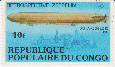 Марка поштова гашена. "Retrospeсtive Zeppelin. "Schwaben" LZ 10. 1911. Republique populaire du Congo"