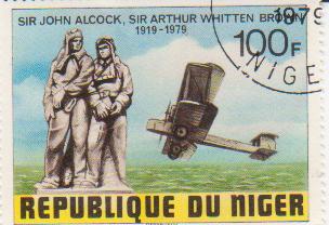  Марка поштова гашена. "Sir John Alcock, Sir Arthur Whitten Brown. 1919-1979. Republique du Niger"