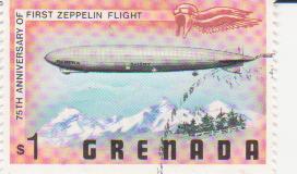 Марка поштова гашена. "Граф Цеппелін". 75th anniversary of first Zeppelin flight. Grenada"