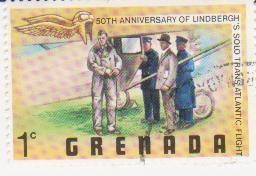 Марка поштова гашена. "Spirit of St. Louis". 50th anniversary of Lindbergh's solo transatlantic flight. Grenada"