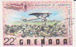 Марка поштова гашена. "Зустріч "Spirit of St. Louis" у Франції. 50th anniversary of Lindbergh's solo transatlantic flight. Grenada"