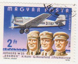  Марка поштова гашена. "Junkers W 33 "Bremen". H. Köhl, G. Hünefeld, J. Fitzmaurice. 1928"