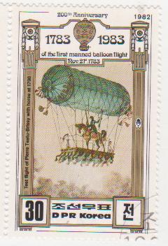  Марка поштова гашена. "First flight of Pierrе Testu Brissy with horse of 1798. 200th Anniversary of The First Manned Balloon Flight. Nov 21 st. 1783. DPR Korea"