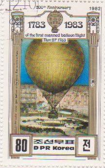 Марка поштова гашена. "2500 cubic meter gas balloon at World Fair in 1878 in Paris. 200th Anniversary of The First Manned Balloon Flight. Nov 21 st. 1783. DPR Korea"