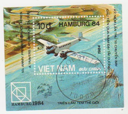 Марка-блок поштова гашена. "Triển Lam Tem The Gioi. Hamburg 1984.Kỷ niệm Lan thu 50 chuyen bay Dau tien Qua nam Dai Tay Duong. Việt nam"