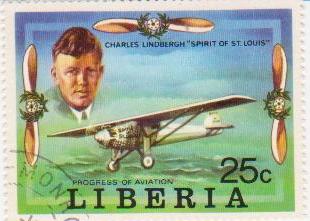 Марка поштова гашена. "Charles Lindbergh "Spirit of St. Louis". Progress of Aviation. Liberia"