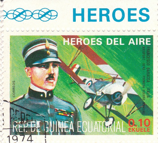 Марка поштова гашена. "Francesco Baraсca - Italia. Nieuport - Bebe. Primera Guerra Mundial. Heroes del Aire". República de Guinea Ecuatorial"