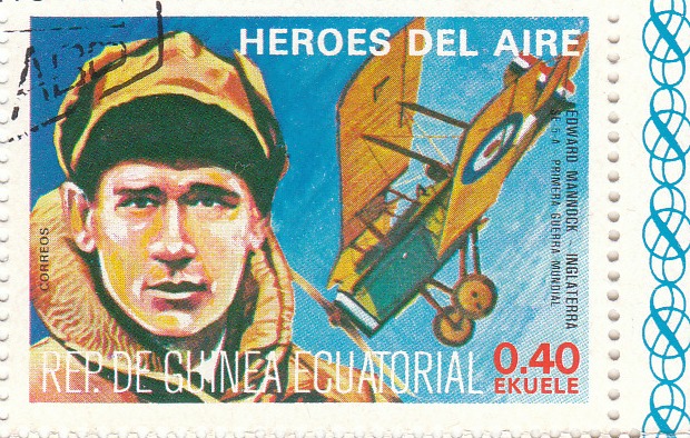 Марка поштова гашена. "Edward Mannock - Inglaterra. S.E.- 5 - A. Primera Guerra Mundial. Heroes del Aire. República de Guinea Ecuatorial"