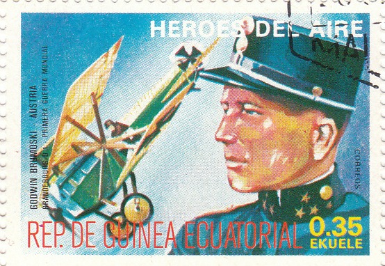 Марка поштова гашена. "Godwin Brumoski - Austria. Brandebburg D 1. Primera Guerra Mundial. Heroes del Aire. República de Guinea Ecuatorial"