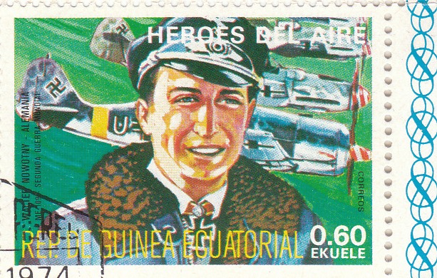 Марка поштова гашена. " Walter Nowotny - Alemania. ME 109. Segunda Guerra Mundial. Heroes del Aire. República de Guinea Ecuatorial"