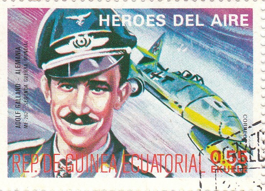 Марка поштова гашена. "Adolf Galland - Alemania. ME 262. Segunda Guerra Mundial. Heroes del Aire. República de Guinea Ecuatorial"